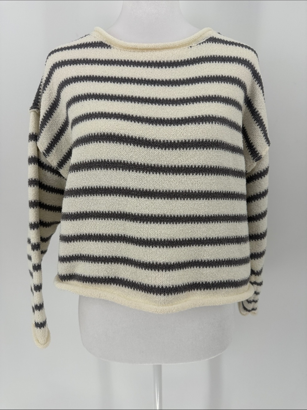 Miou Muse Cropped Striped Boat Neck Sweater Cream Gray Cozy Knit Size S